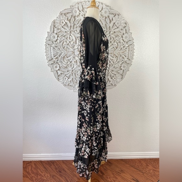 {MISA} Kateri Asymmetrical Black Floral Ruffle Tier Chiffon Maxi Dress, Size L - Picture 7 of 11